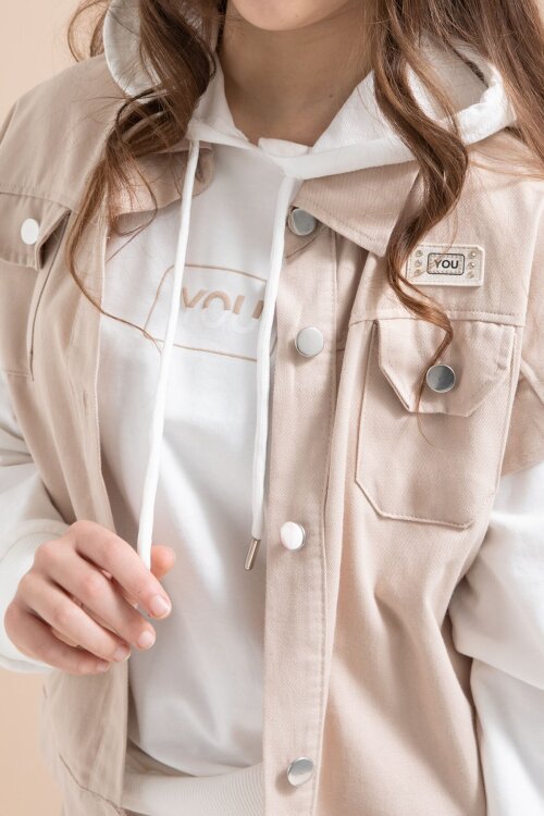 Bej Düğmeli Sıfır Kol Yelekli Geniş Paça Pantolonlu Kız Çocuk Kapüşonlu 3lü Takım 23604