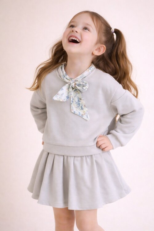 Bej Fular Detaylı Badili Etekli Kız Çocuk 2li Takım  23543