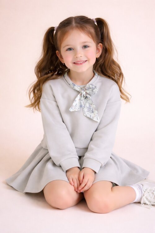 Bej Fular Detaylı Badili Etekli Kız Çocuk 2li Takım  23543