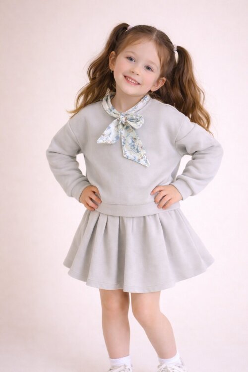 Bej Fular Detaylı Badili Etekli Kız Çocuk 2li Takım  23543