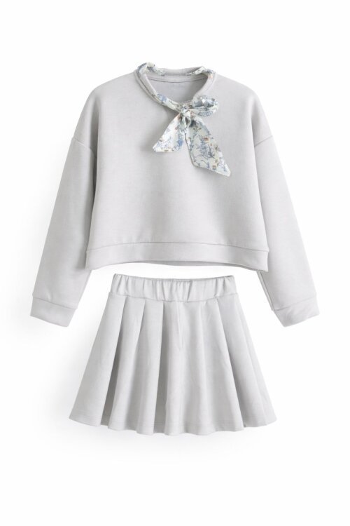 Bej Fular Detaylı Badili Etekli Kız Çocuk 2li Takım  23543