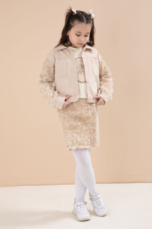 Bej Gül Detaylı Şort Etekli ve Ceketli Kız Çocuk 3lü Badili Takım 23611