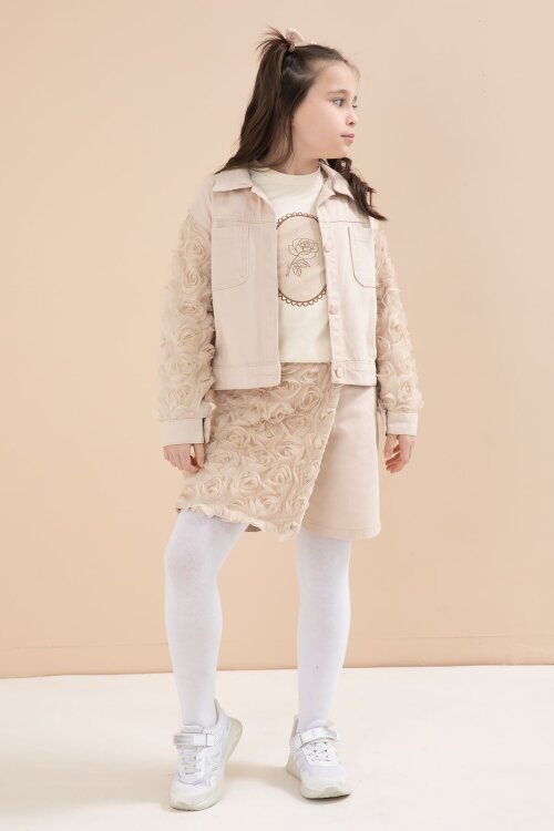 Bej Gül Detaylı Şort Etekli ve Ceketli Kız Çocuk 3lü Badili Takım 23611