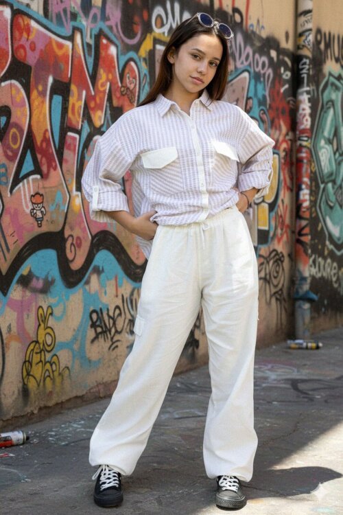 Bej  Kız Çocuk Çizgili Gömlekli Kargo Pantolonlu   2li Takım 23299