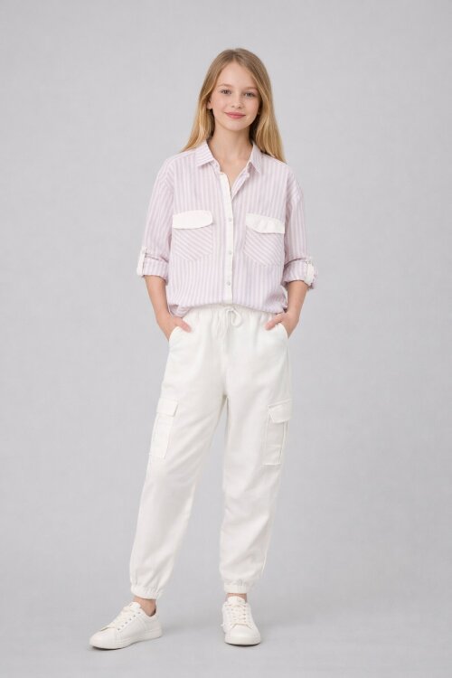 Bej  Kız Çocuk Çizgili Gömlekli Kargo Pantolonlu   2li Takım 23299