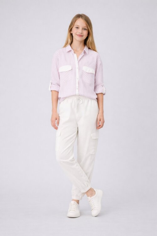 Bej  Kız Çocuk Çizgili Gömlekli Kargo Pantolonlu   2li Takım 23299