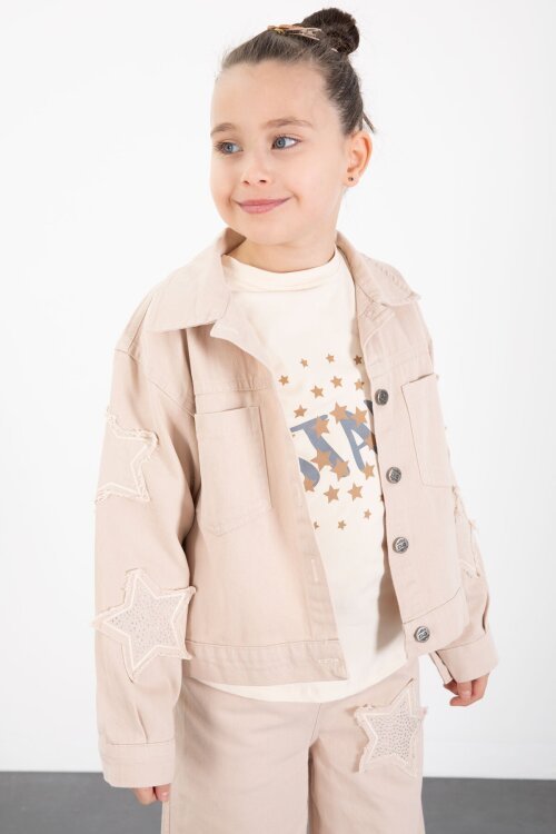 Bej Kolları Star Taşlı Jean Ceketli Kız Çocuk 3lü Alt Üst Takım 23427