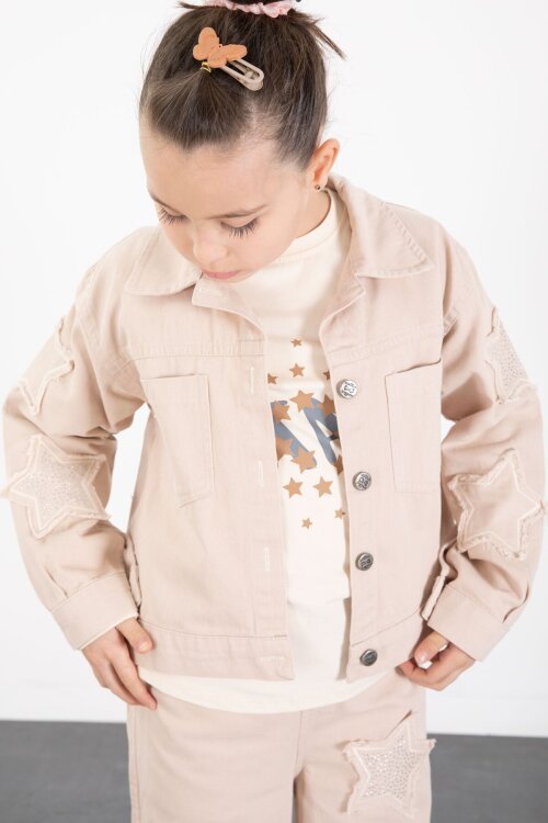 Bej Kolları Star Taşlı Jean Ceketli Kız Çocuk 3lü Alt Üst Takım 23427