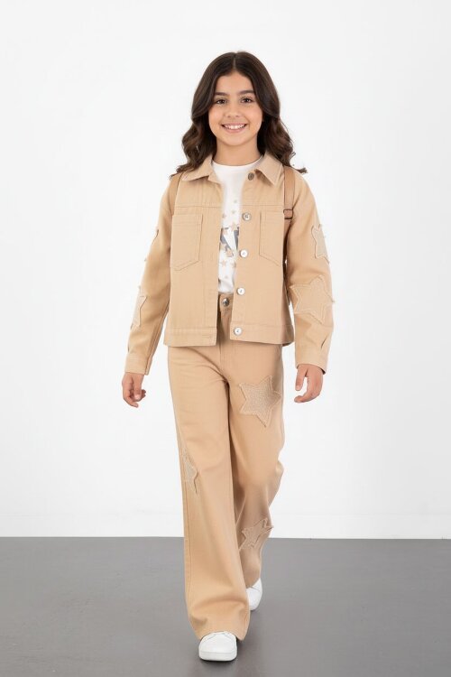 Bej Kolları Star Taşlı Jean Ceketli Kız Çocuk 3lü Alt Üst Takım 23427