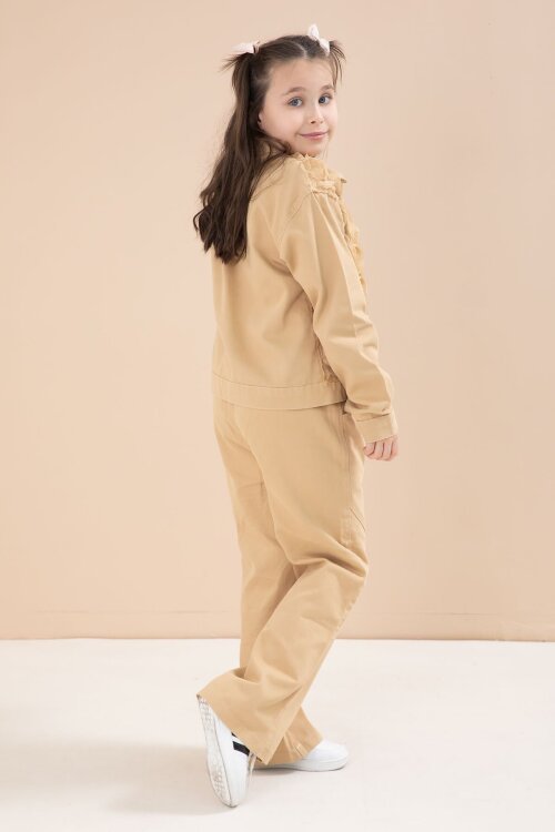 Bej Önü Gül İşlemeli Ceketli Kız Çocuk Pantolonlu 3lü Alt Üst Takım 23608