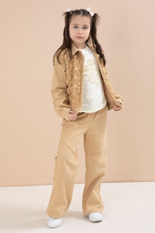 Bej Önü Gül İşlemeli Ceketli Kız Çocuk Pantolonlu 3lü Alt Üst Takım 23608
