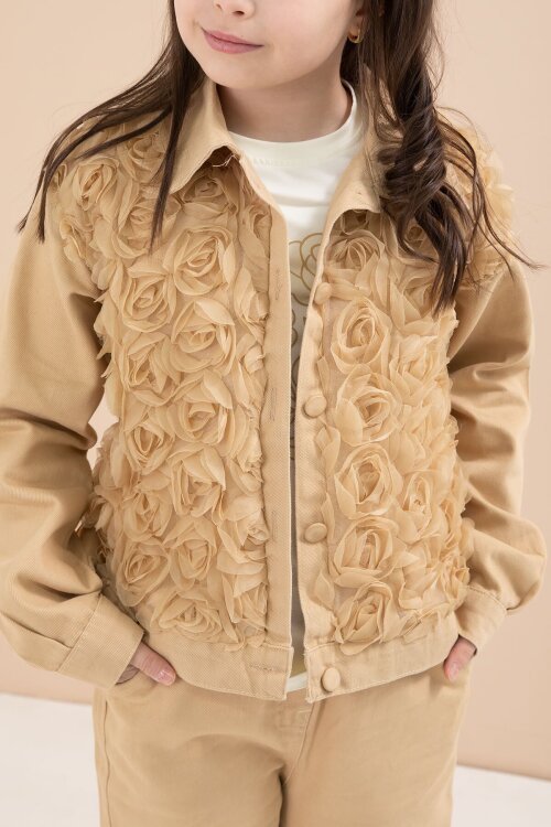 Bej Önü Gül İşlemeli Ceketli Kız Çocuk Pantolonlu 3lü Alt Üst Takım 23608