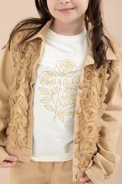 Bej Önü Gül İşlemeli Ceketli Kız Çocuk Pantolonlu 3lü Alt Üst Takım 23608