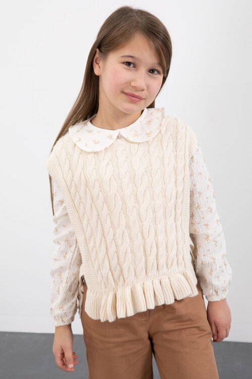 Bej Örgü Süveterli Desenli Müslin Gömlekli Kız Çocuk 3lü Takım 20680