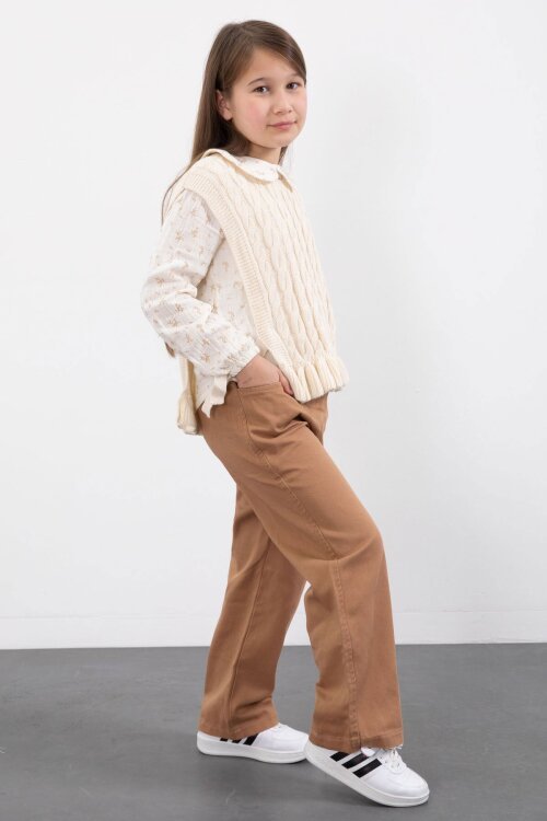 Bej Örgü Süveterli Desenli Müslin Gömlekli Kız Çocuk 3lü Takım 20680