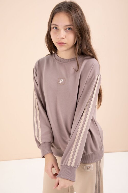 Bej Şerit Detaylı Geniş Paça Nakışlı Kız Oversize Eşofman Takımı 23456