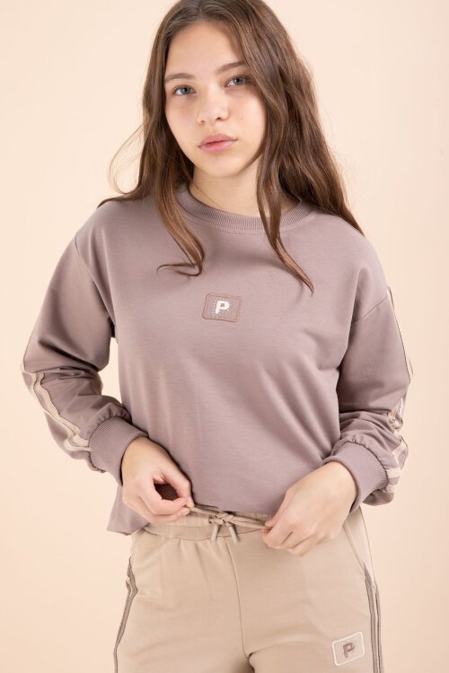 Bej Şerit Detaylı Geniş Paça Nakışlı Kız Oversize Eşofman Takımı 23456