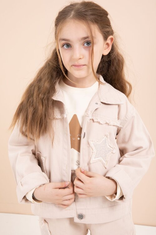 Bej Taşlı Yıldız Nakışlı Jean Ceketli 3lü Pantolonlu Kız Takım 23438