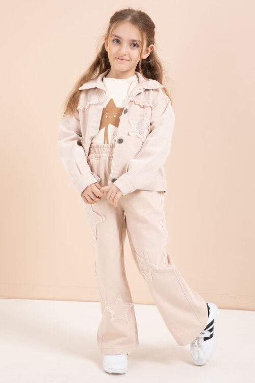 Bej Taşlı Yıldız Nakışlı Jean Ceketli 3lü Pantolonlu Kız Takım 23438