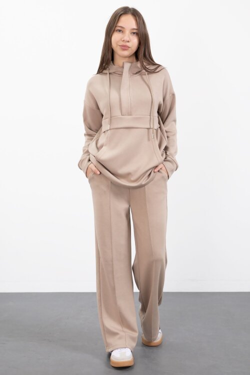 Bej Yarım Fermuarlı Kapüşonlu Kız Çocuk Geniş Paça Eşofman Takımı 23407