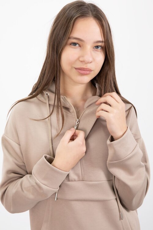 Bej Yarım Fermuarlı Kapüşonlu Kız Çocuk Geniş Paça Eşofman Takımı 23407
