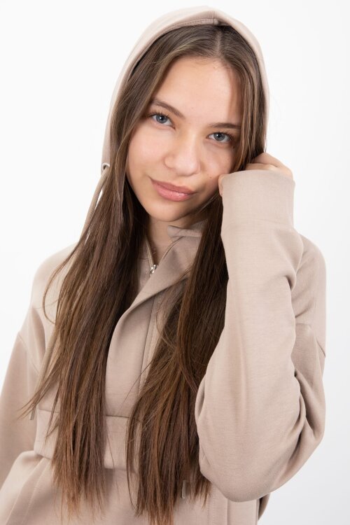 Bej Yarım Fermuarlı Kapüşonlu Kız Çocuk Geniş Paça Eşofman Takımı 23407