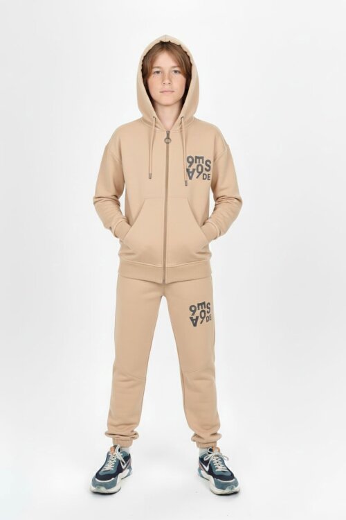 Bej Yazı Baskılı Kapüşonlu Hırkalı Erkek Çocuk Eşofman Takımı 19225