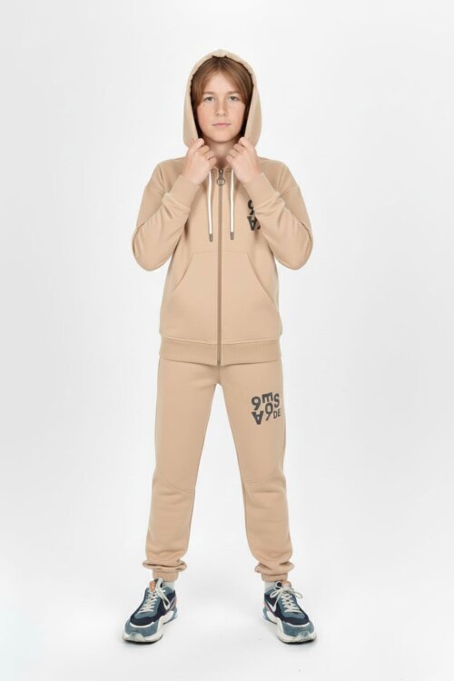 Bej Yazı Baskılı Kapüşonlu Hırkalı Erkek Çocuk Eşofman Takımı 19225