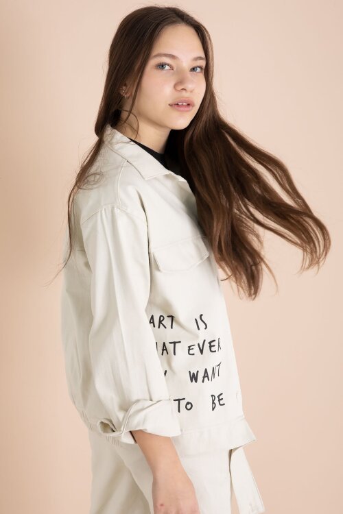 Bej Yazı Detaylı Gömlekli Kız Çocuk Pantolonlu Gabardin Takım 23565