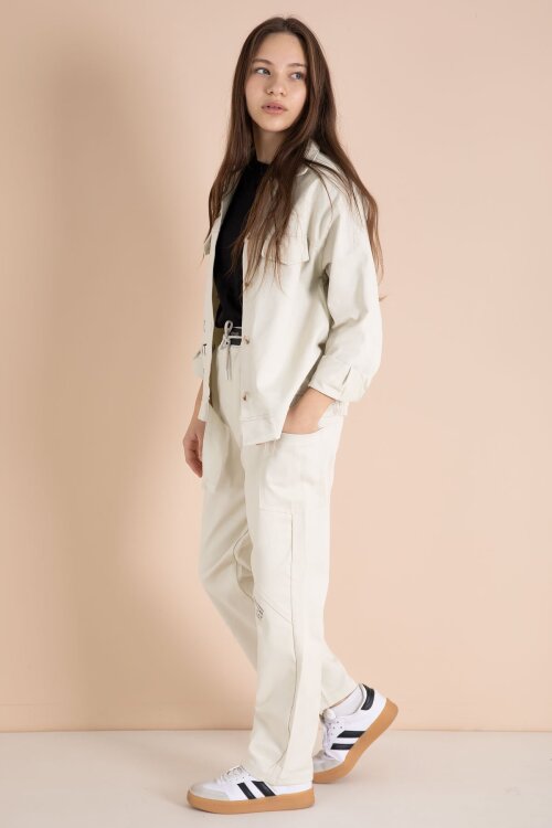 Bej Yazı Detaylı Gömlekli Kız Çocuk Pantolonlu Gabardin Takım 23565