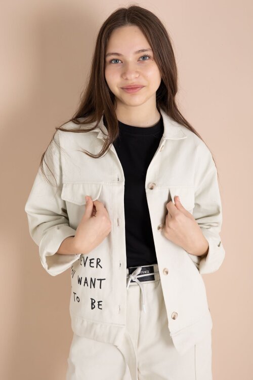 Bej Yazı Detaylı Gömlekli Kız Çocuk Pantolonlu Gabardin Takım 23565