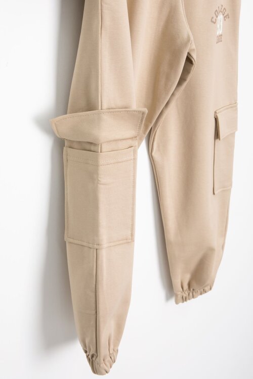 Bej Yazı Nakışlı Kolej Ceketli Erkek Çocuk Eşofman Takımı 21225