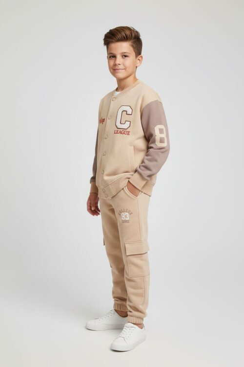 Bej Yazı Nakışlı Kolej Ceketli Erkek Çocuk Eşofman Takımı 21225