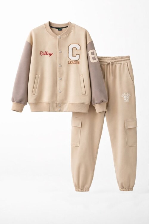 Bej Yazı Nakışlı Kolej Ceketli Erkek Çocuk Eşofman Takımı 21225