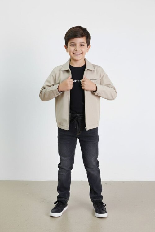 Bej Yazılı Ceketli Jean Pantolonlu Erkek Çocuk 3lü Takım 23377