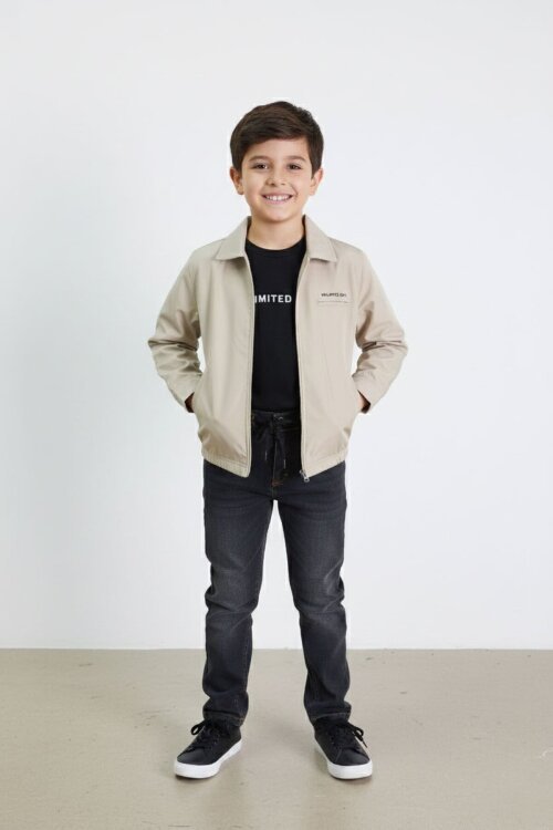 Bej Yazılı Ceketli Jean Pantolonlu Erkek Çocuk 3lü Takım 23377