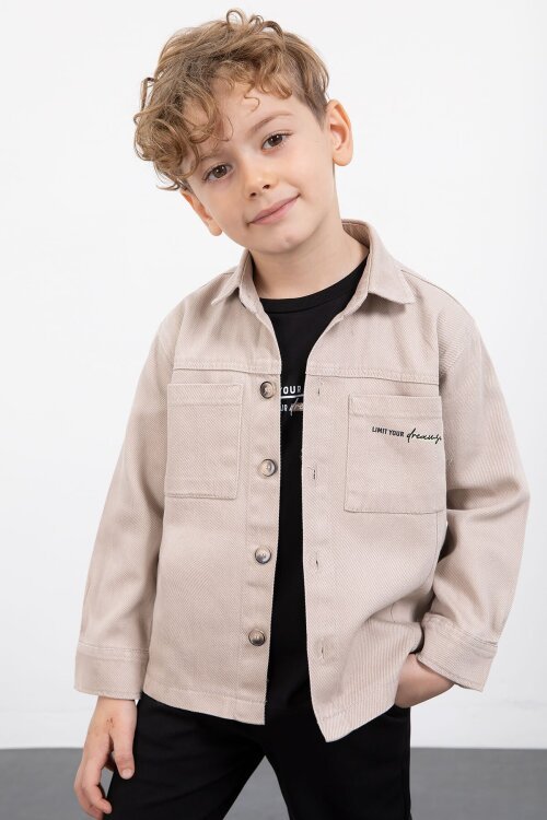 Bej Yazılı Düğmeli Gömlekli Erkek Çocuk Pantolonlu 3lü Takım  23373