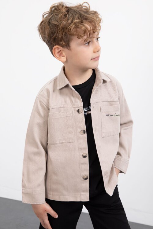 Bej Yazılı Düğmeli Gömlekli Erkek Çocuk Pantolonlu 3lü Takım  23373