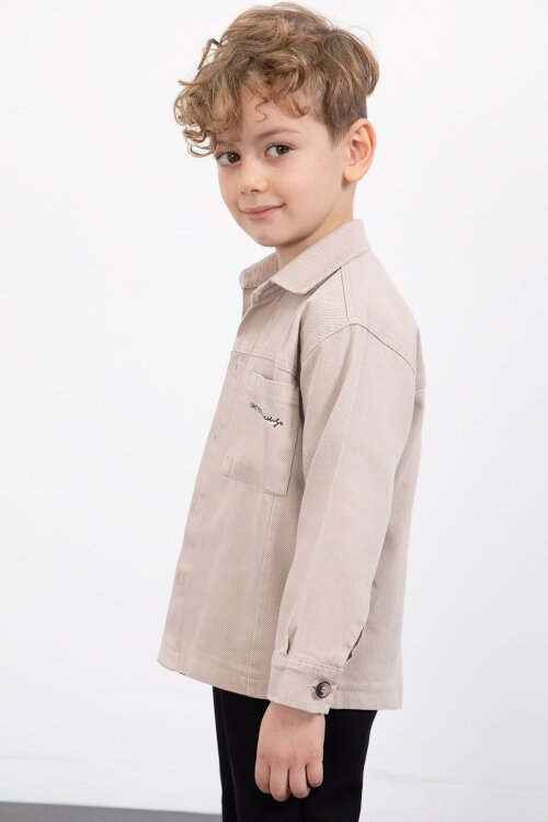 Bej Yazılı Düğmeli Gömlekli Erkek Çocuk Pantolonlu 3lü Takım  23373