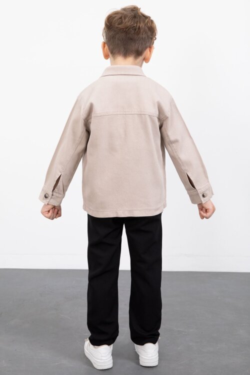 Bej Yazılı Düğmeli Gömlekli Erkek Çocuk Pantolonlu 3lü Takım  23373