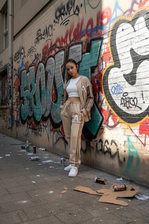 Bej Yazılı Kolej Ceketli Kız Çocuk Şeritli 3 İplik Şardonlu Eşofman Takımı 21298