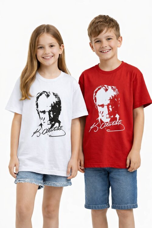 Beyaz Atatürk Baskılı Bisiklet Yaka Çocuk T-shirt Unisex 20553