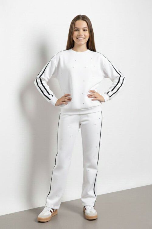 Beyaz İnci İşlemeli Bisiklet Yaka Kız Çocuk Şeritli Eşofman Takımı 21293