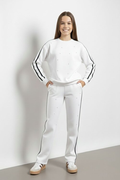 Beyaz İnci İşlemeli Bisiklet Yaka Kız Çocuk Şeritli Eşofman Takımı 21293