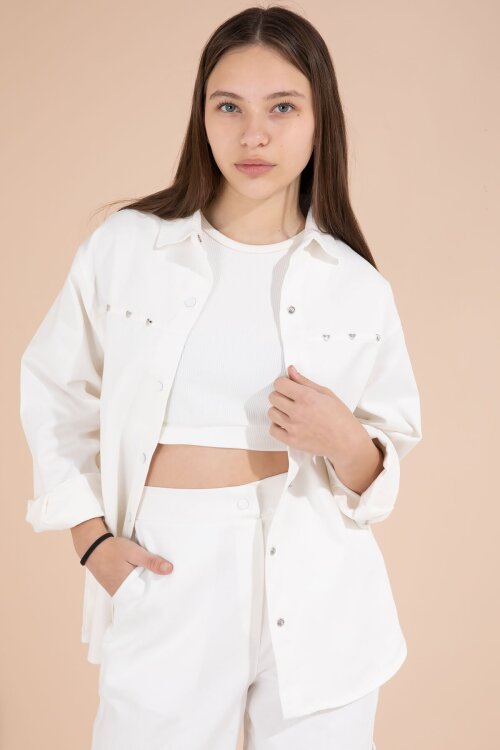 Beyaz Kalp İşlemeli Gömlekli Geniş Paça Pantolonlu Kız Çocuk Gabardin Takım 23553