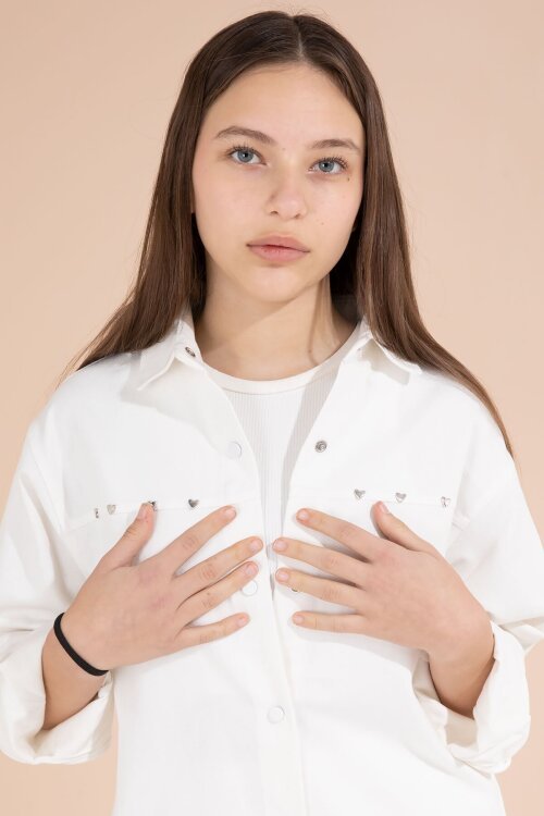 Beyaz Kalp İşlemeli Gömlekli Geniş Paça Pantolonlu Kız Çocuk Gabardin Takım 23553