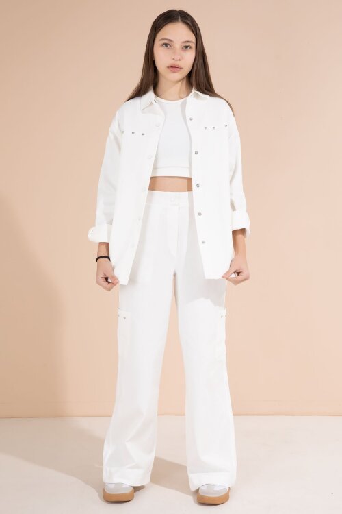 Beyaz Kalp İşlemeli Gömlekli Geniş Paça Pantolonlu Kız Çocuk Gabardin Takım 23553