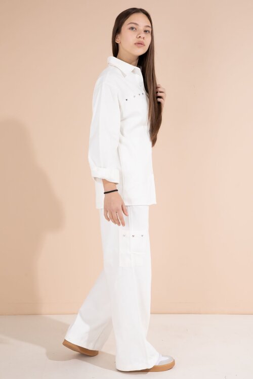 Beyaz Kalp İşlemeli Gömlekli Geniş Paça Pantolonlu Kız Çocuk Gabardin Takım 23553