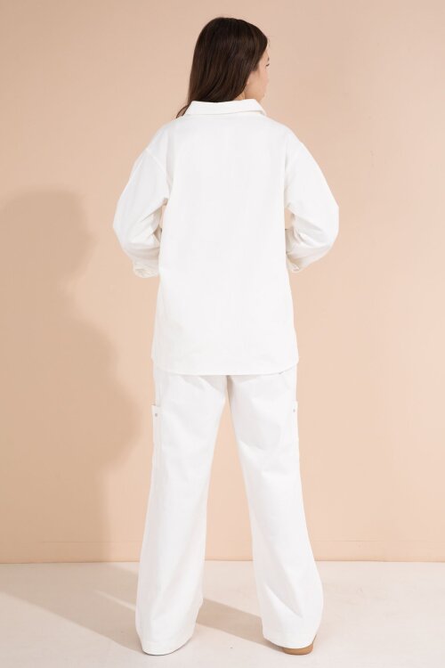 Beyaz Kalp İşlemeli Gömlekli Geniş Paça Pantolonlu Kız Çocuk Gabardin Takım 23553