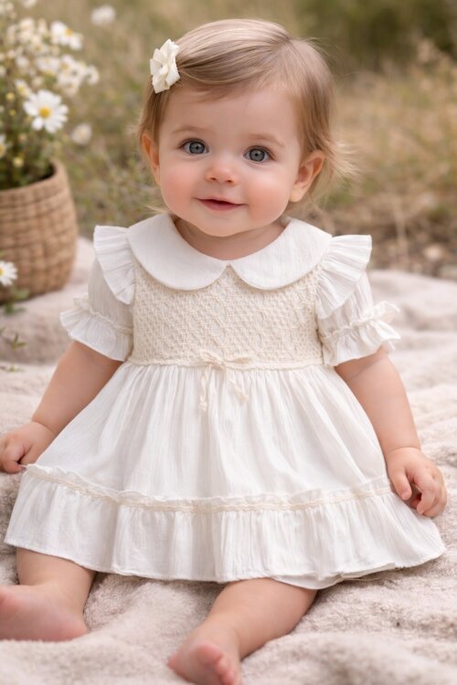 Beyaz Kolları Fırfırlı Dantel İşlemeli Kız Bebek Elbise  22655